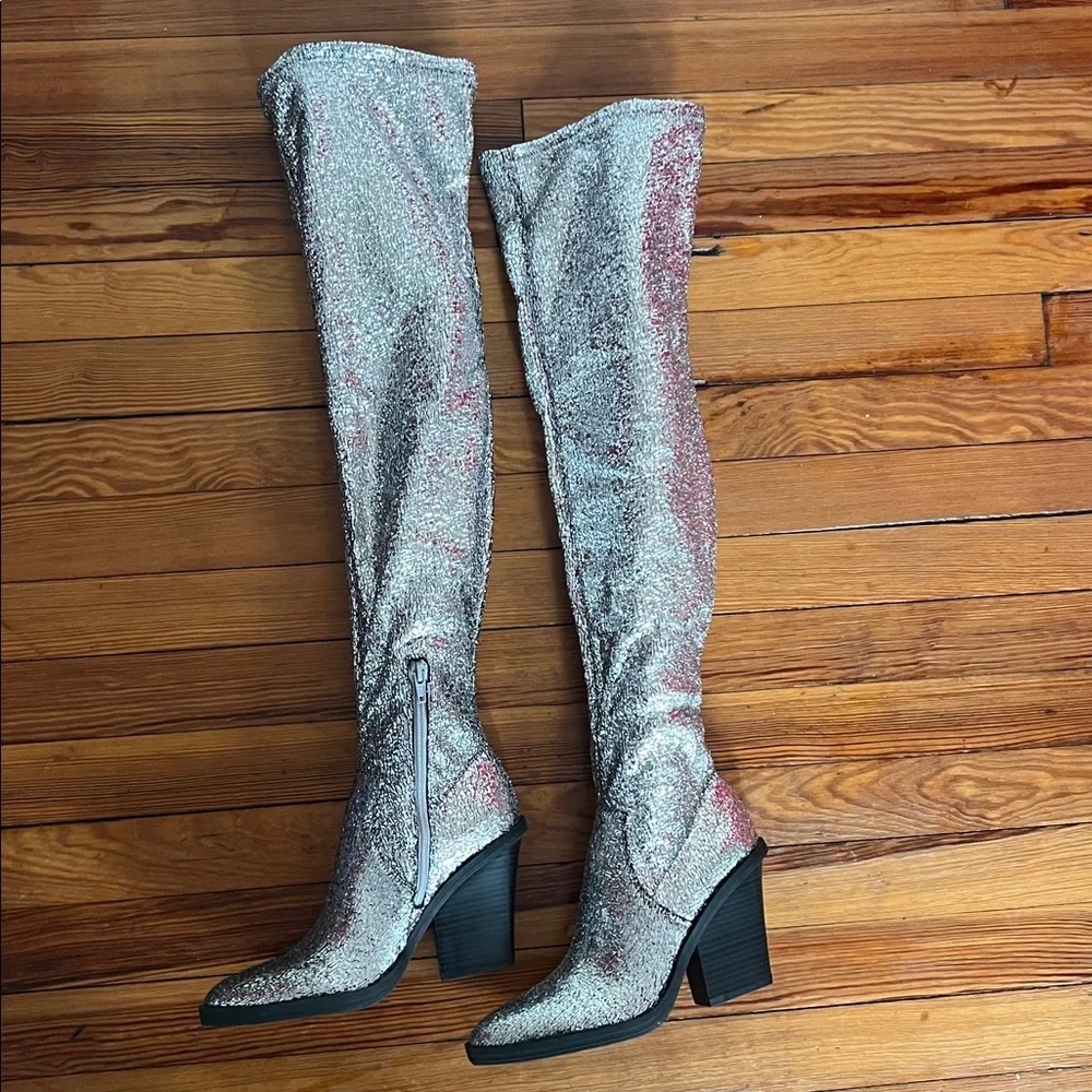 Katy Perry The Citygurl Silver Glitter Over the Knee Boots Size 5.5 NWOB